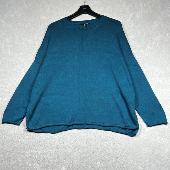 Eileen Fisher Sweater Size Large Blue Cotton Tencel Crewneck Box Top Sweater - Picture 1 of 11